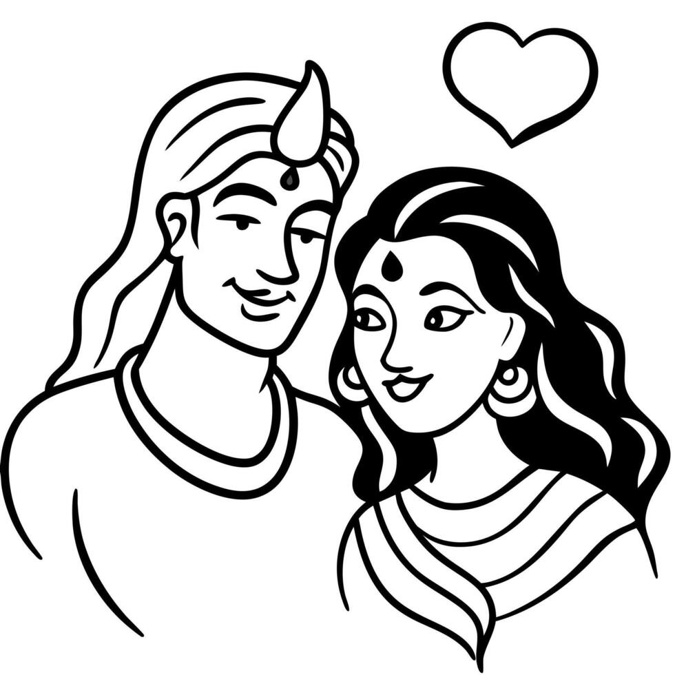 shiva and durga love, illustration line art vector