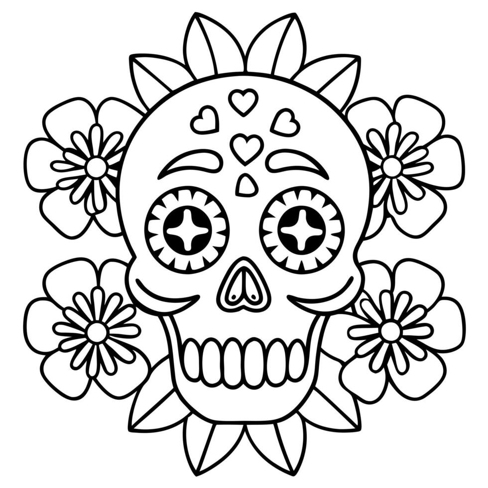 mexican day of the dead background with paper cut scull and flower, illustration line art vector