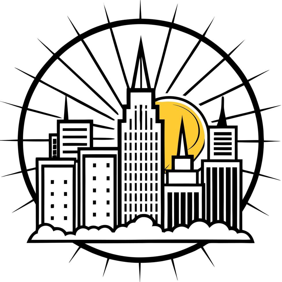 downtown cityscape with orange yellow sun ray sun burst comic halftone retro design summer design vector