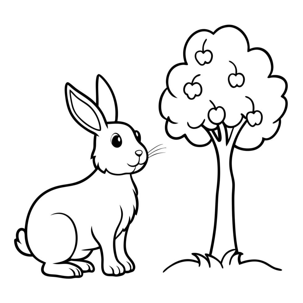 a rabbit and an high apple tree, illustration line art vector