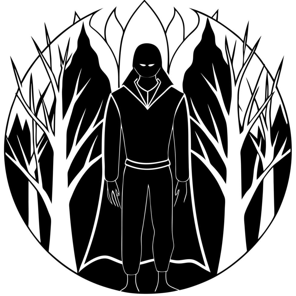 mysterious man silhouette in dark fantasy forest, illustration line art vector