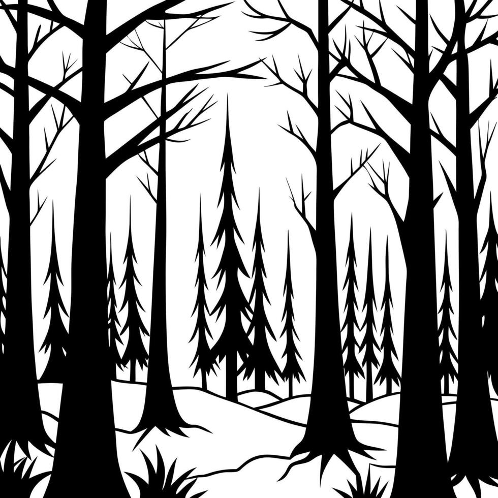 dark creepy forest with tall trees image taken by ai, illustration line art vector