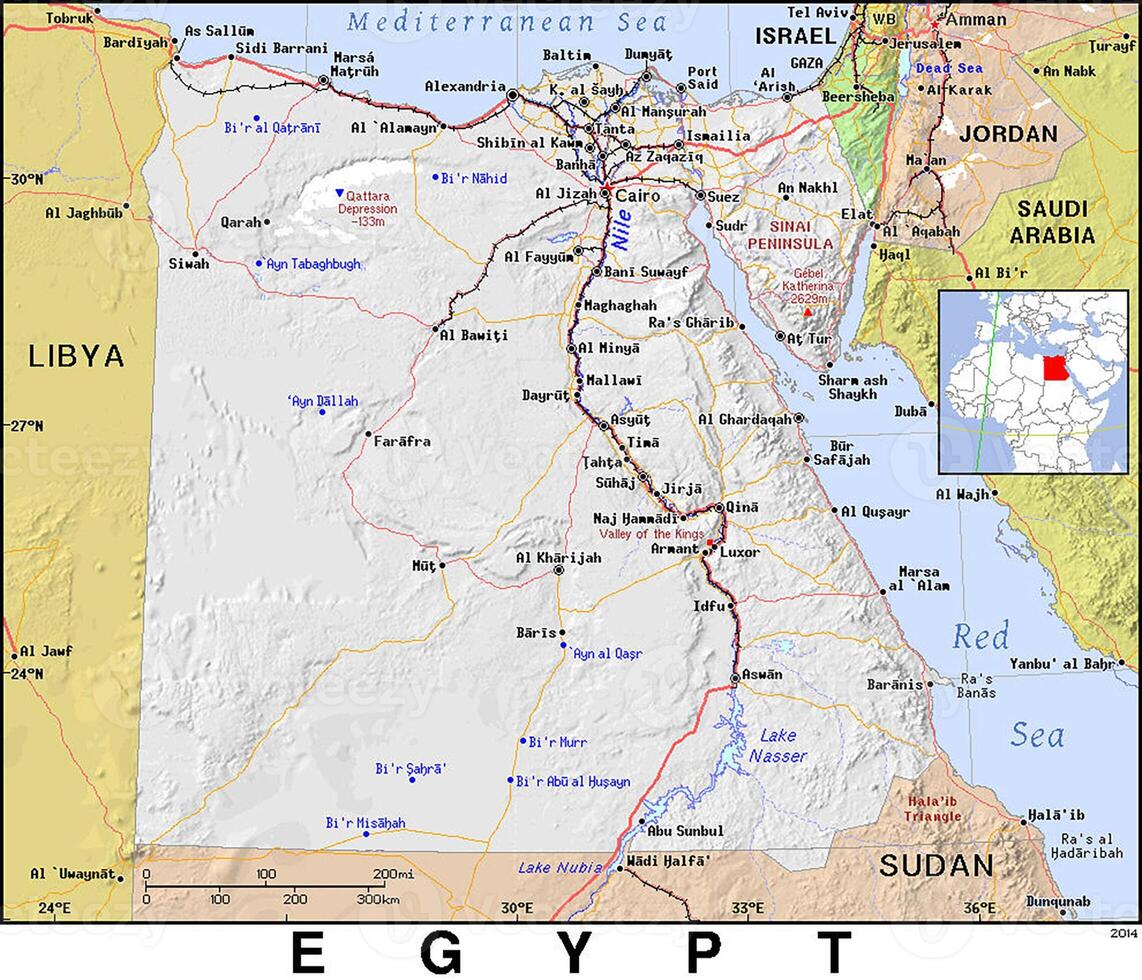 The egyptian map shows the major cities and major roads photo