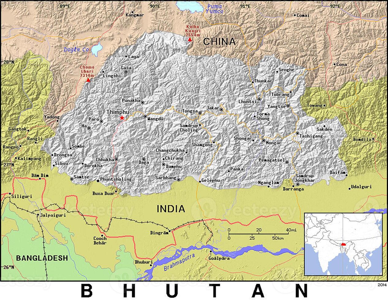 The map of bhutan shows the location of the country photo