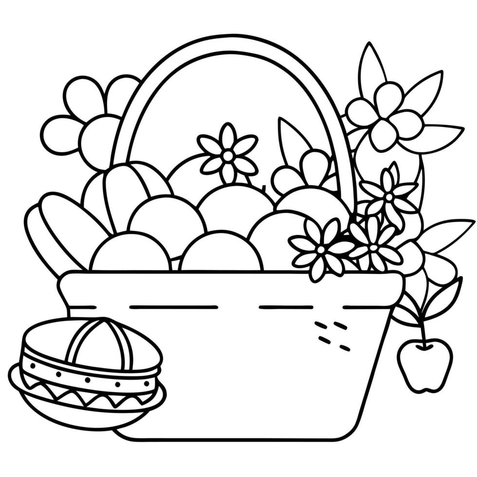 a picnic basket overflowing with macarons, fresh fruit, and flowers, illustration line art vector