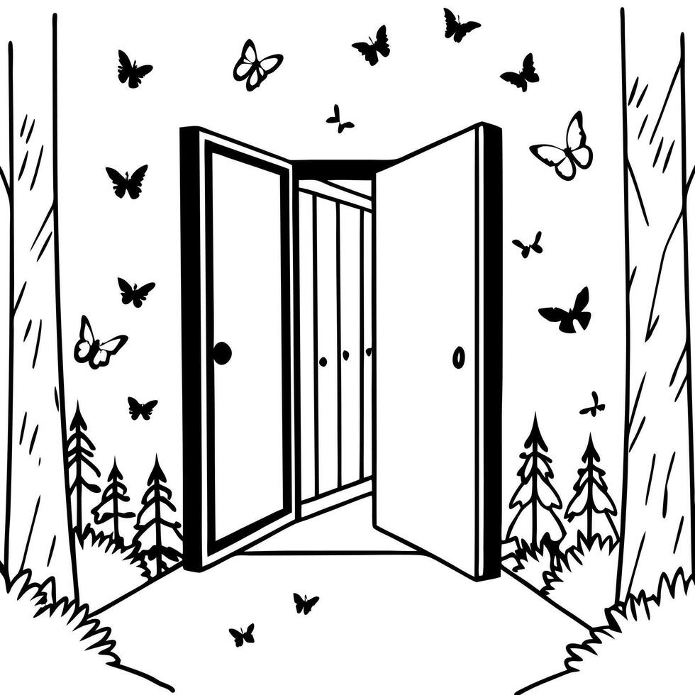 open door to dark forest with butterflies flying out of the doors, illustration line art vector