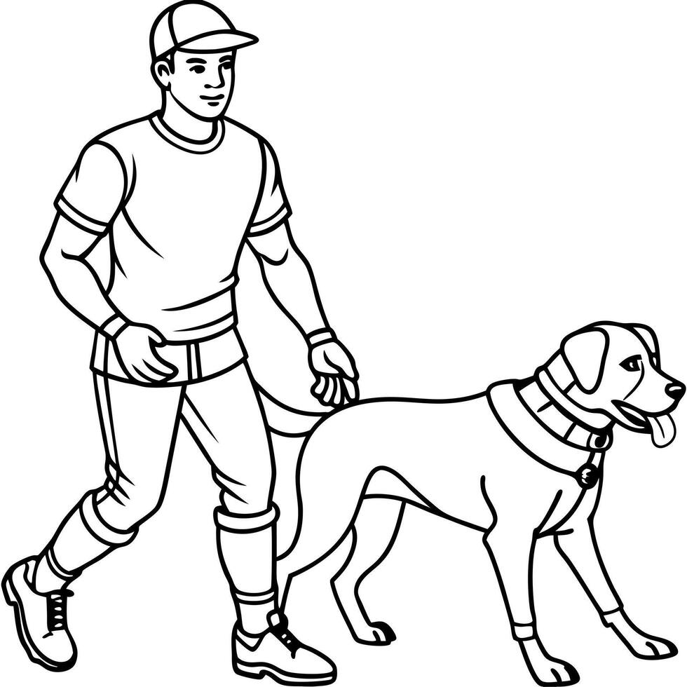 an american football player walking a dog, illustration line art vector
