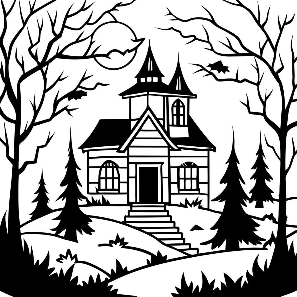 digital art of a haunted house in a foggy forest at halloween, illustration line art vector