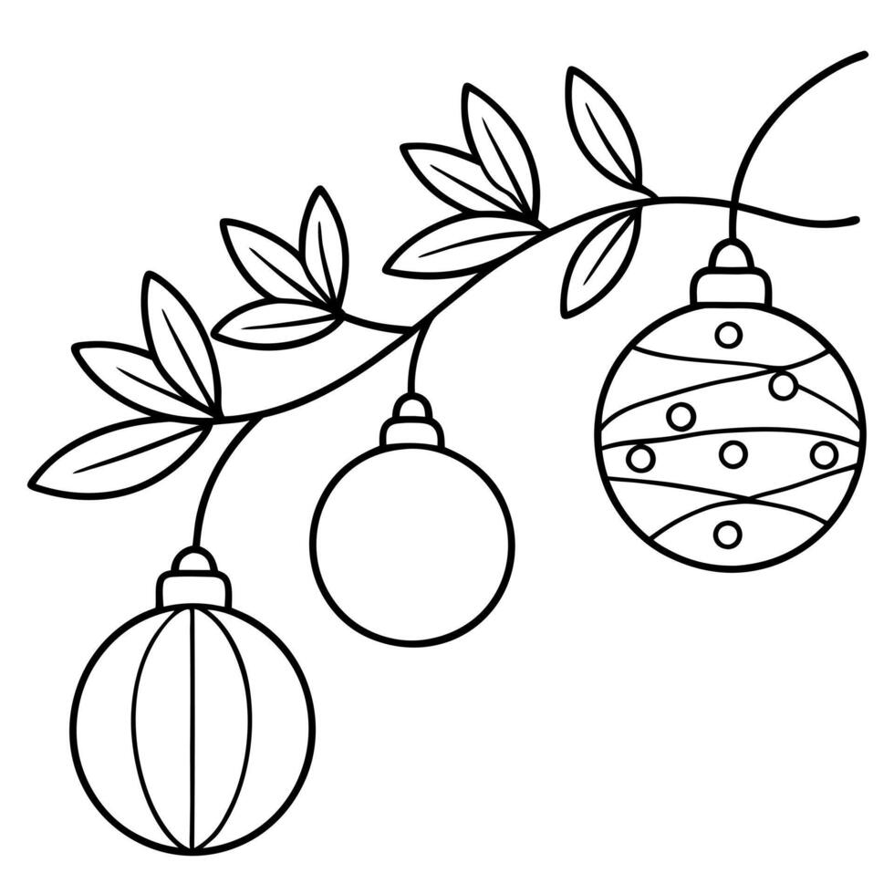 christmas baubles hanging from a branch, detailed with fine lines, illustration line art vector