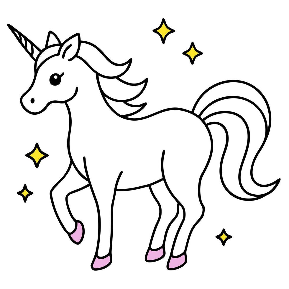 a charming cartoon unicorn with a white body, a flowing pink mane and tail adorned with sparkles, vector
