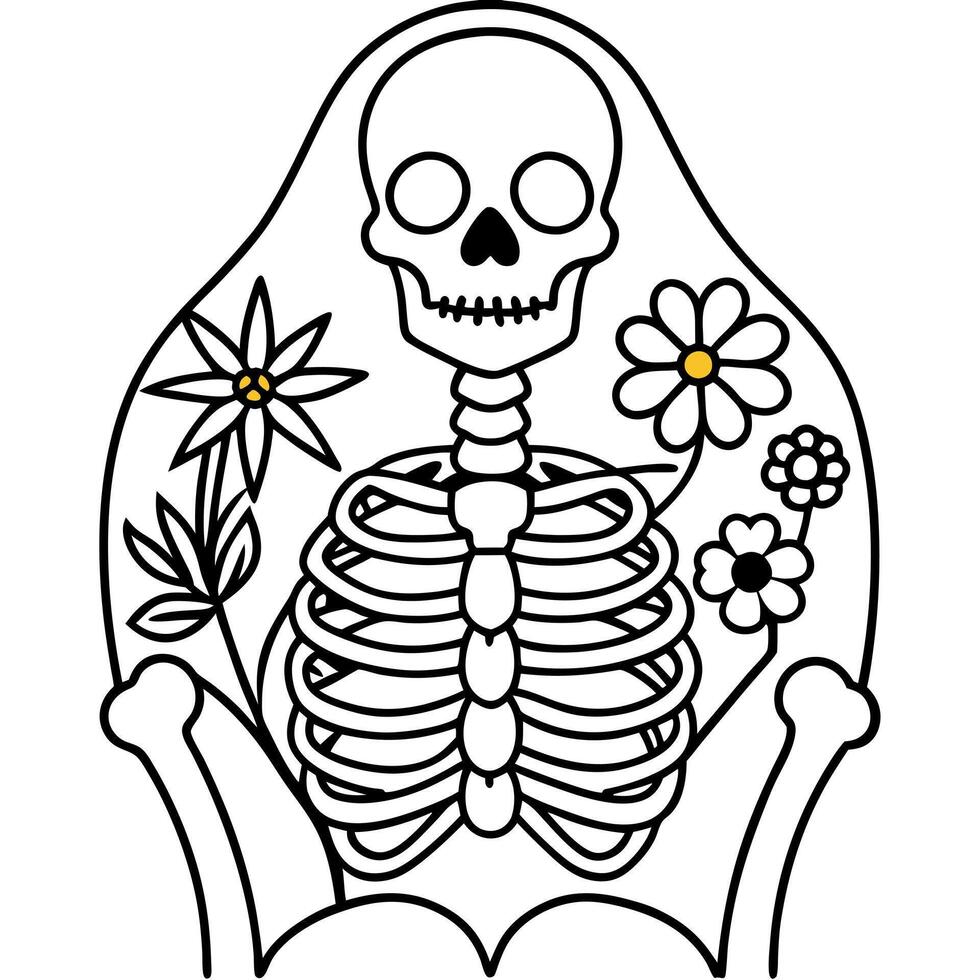 skeleton with a skull and bones, flowers inside and out of skeleton, illustration line art vector