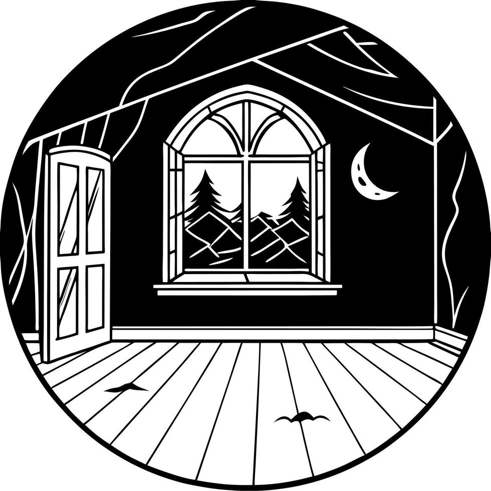 empty room interior in haunted house at night, eerie dark atmosphere, moonlight and fog coming from vector