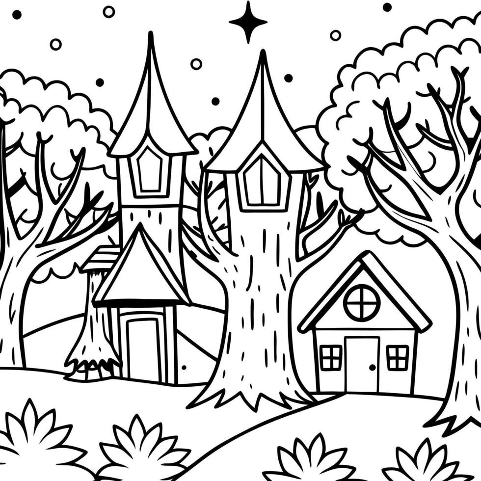 fantasy houses in magic forest at night, fairy tale habitation in trees trunks, illustration vector