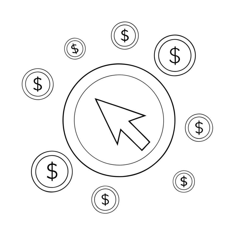 a modern icon of an arrow clicking on a circle and dollar sings around it symbolizing ppc or pay vector
