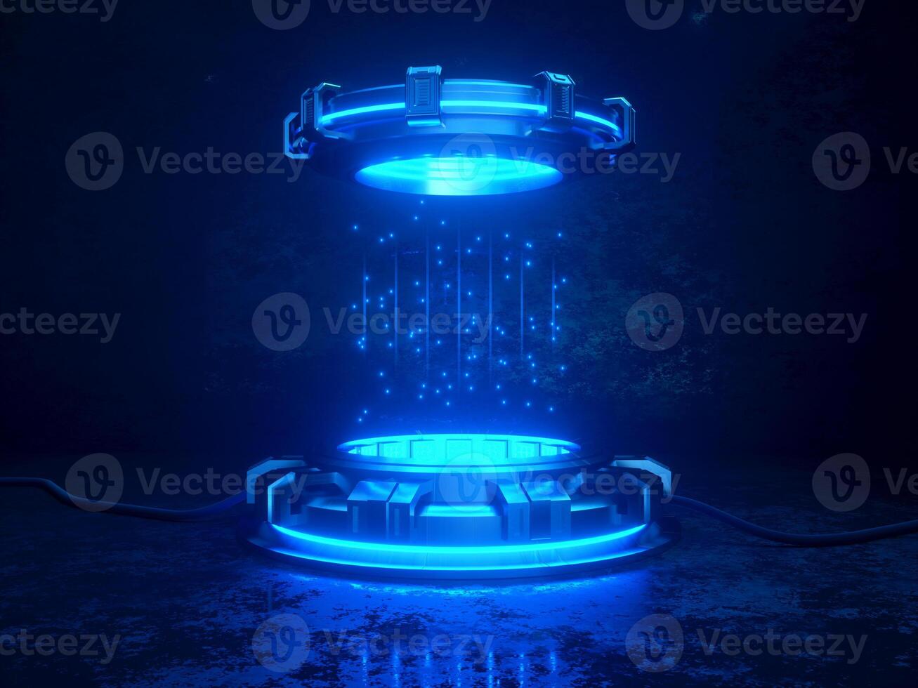 Futuristic 3d render mockup. Space theme illustration. Cyber platforms and cables with glowing neon lights. photo