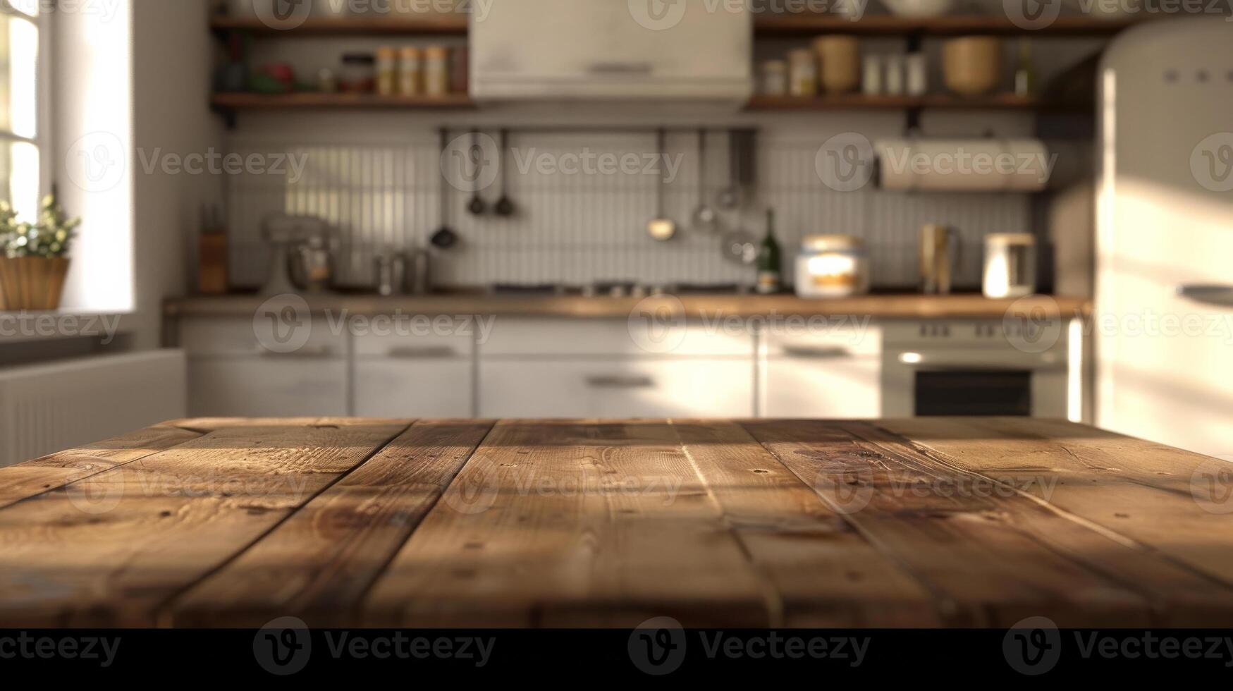Empty wooden table with blurred kitchen background in warm sunlight photo