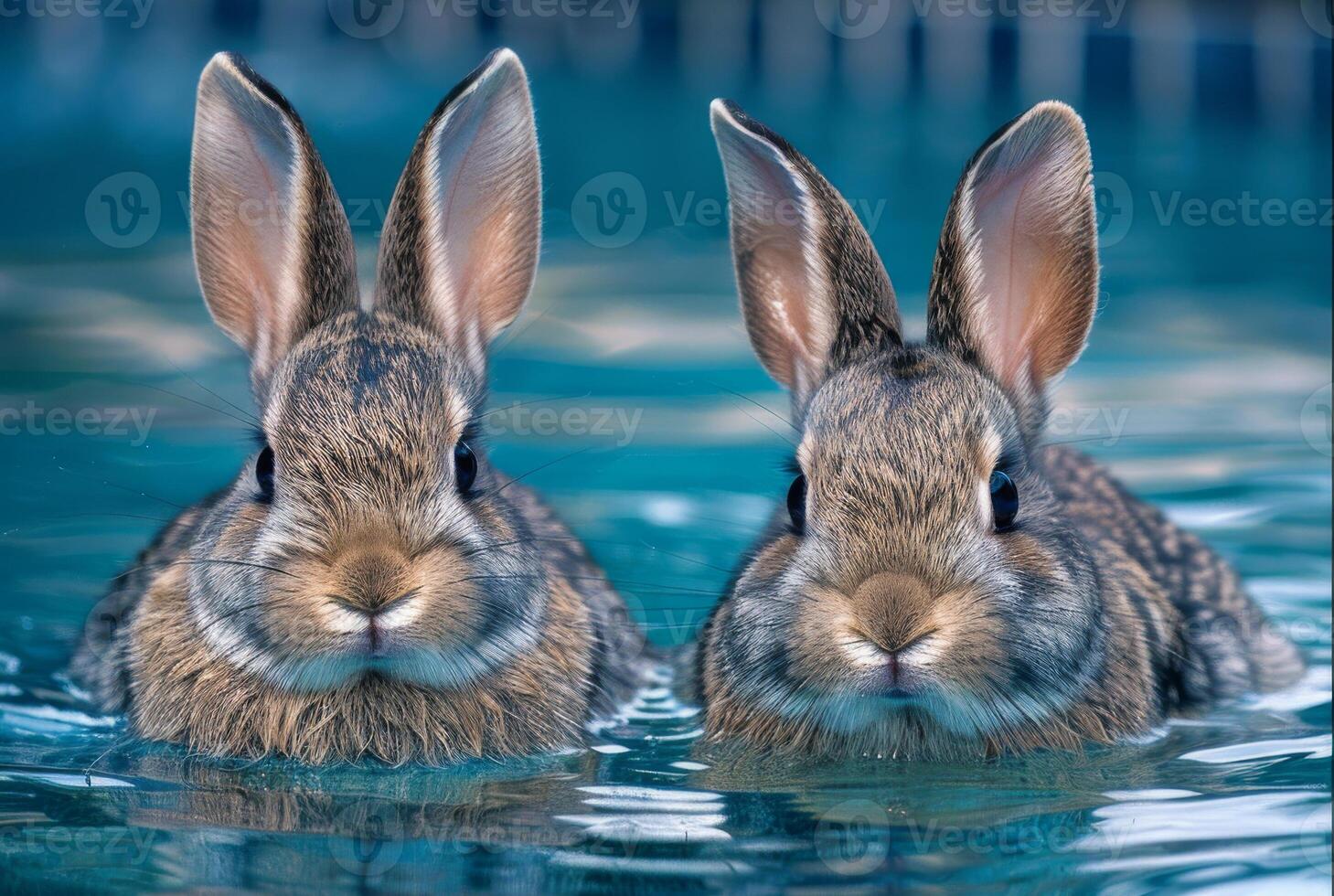 Two adorable rabbits relax on a blue inflatable tube in a swimming pool photo