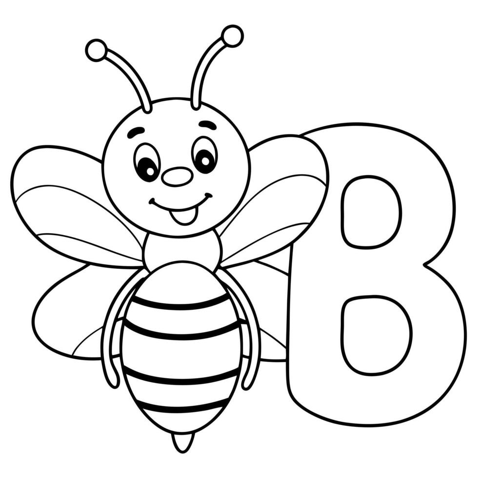 make a childrens coloring page with the letter b and a bee in one picture simple outlines, cartoon vector