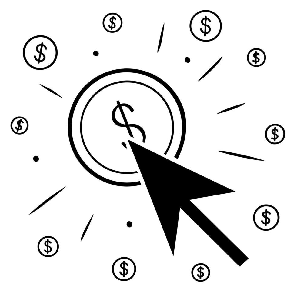 a modern icon of an arrow clicking on a circle and dollar sings around it symbolizing ppc or pay vector