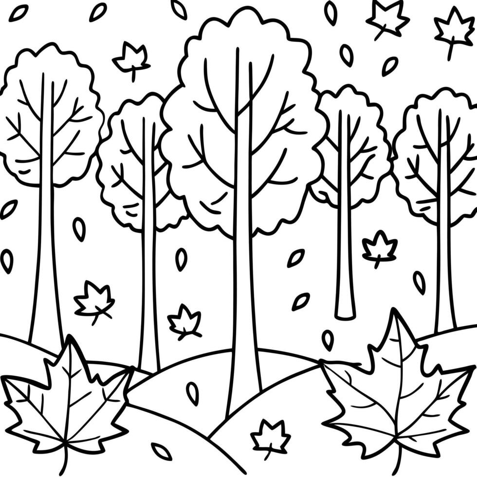 autumn forest maple leaves fall on ground, background wallpaper, illustration line art vector