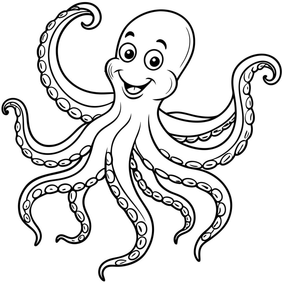 a friendly octopus waving its tentacles, illustration line art vector