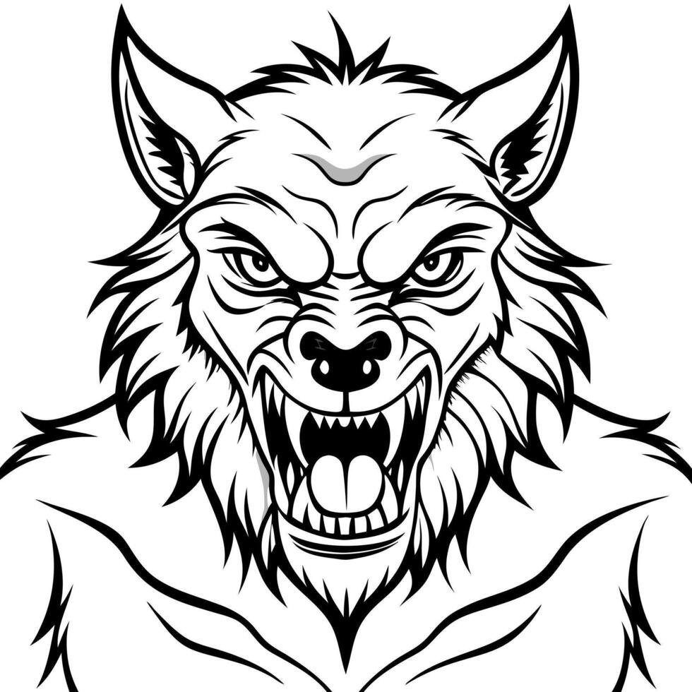 monster werewolf closeup black fur and sharp fangs, illustration line art vector