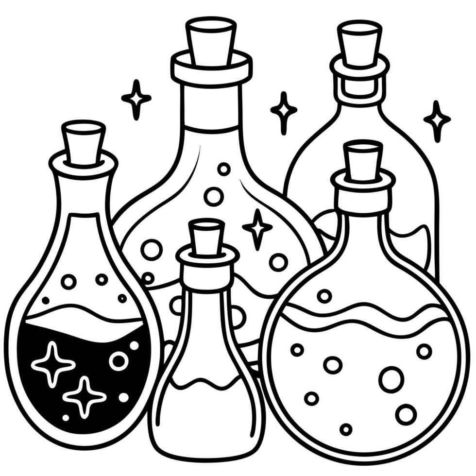 potion bottles with colorful liquids, each with mysterious effects, halloween potions, alchemy, vector