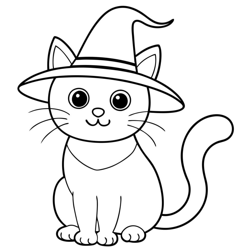 cute halloween cat with witch hat line art for coloring page, illustration line art vector