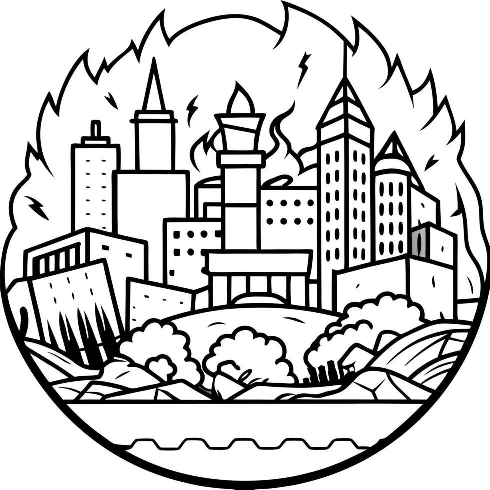 detailed destruction of fictitious city with debris and collapsing structures concept of war, vector