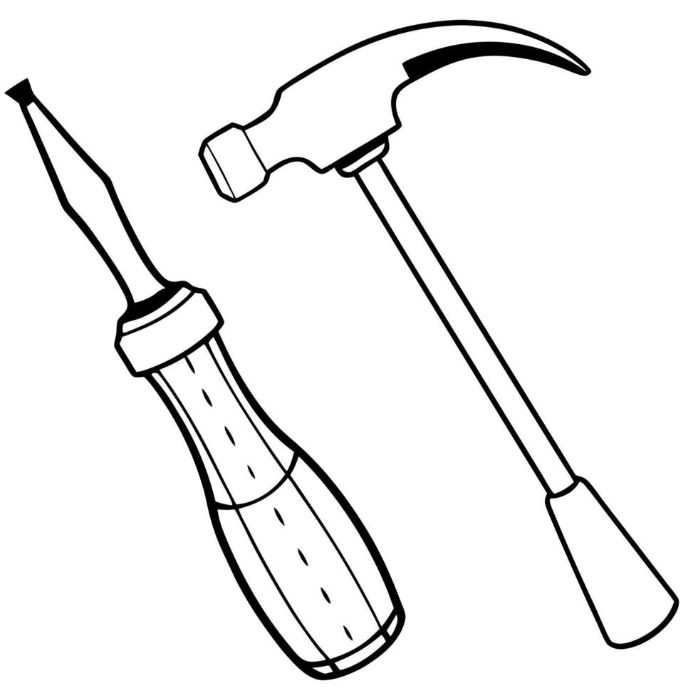 hammer and screwdriver, illustration line art vector