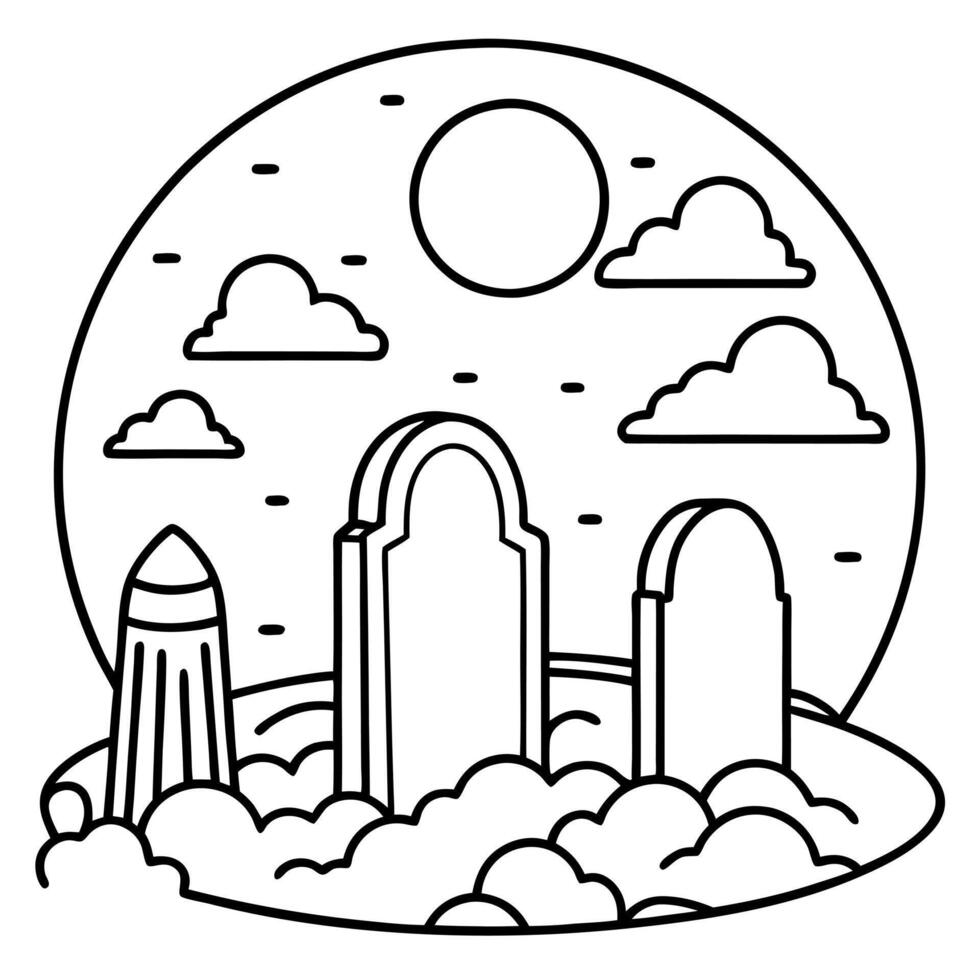 mystical ancient graveyard under cloudy sky with super moon, illustration line art vector