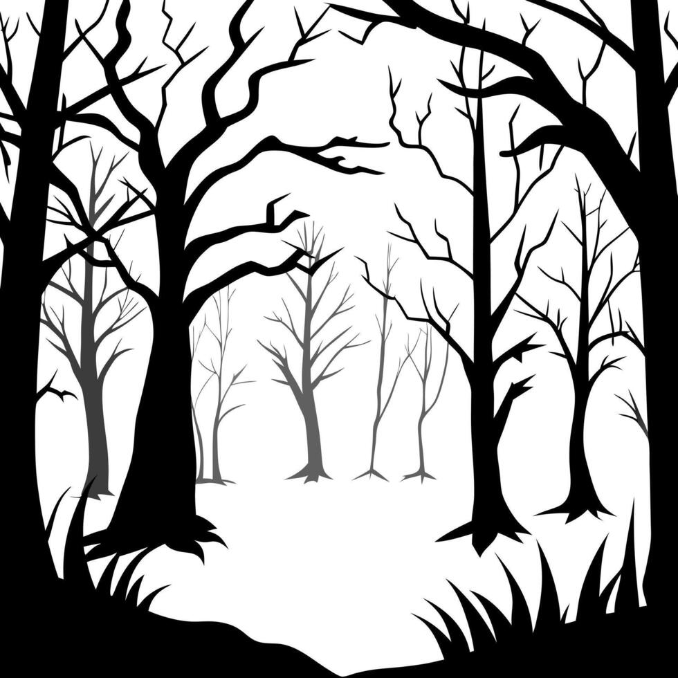 creepy foggy forest, mysterious shadows, scary tree silhouettes, illustration line art vector