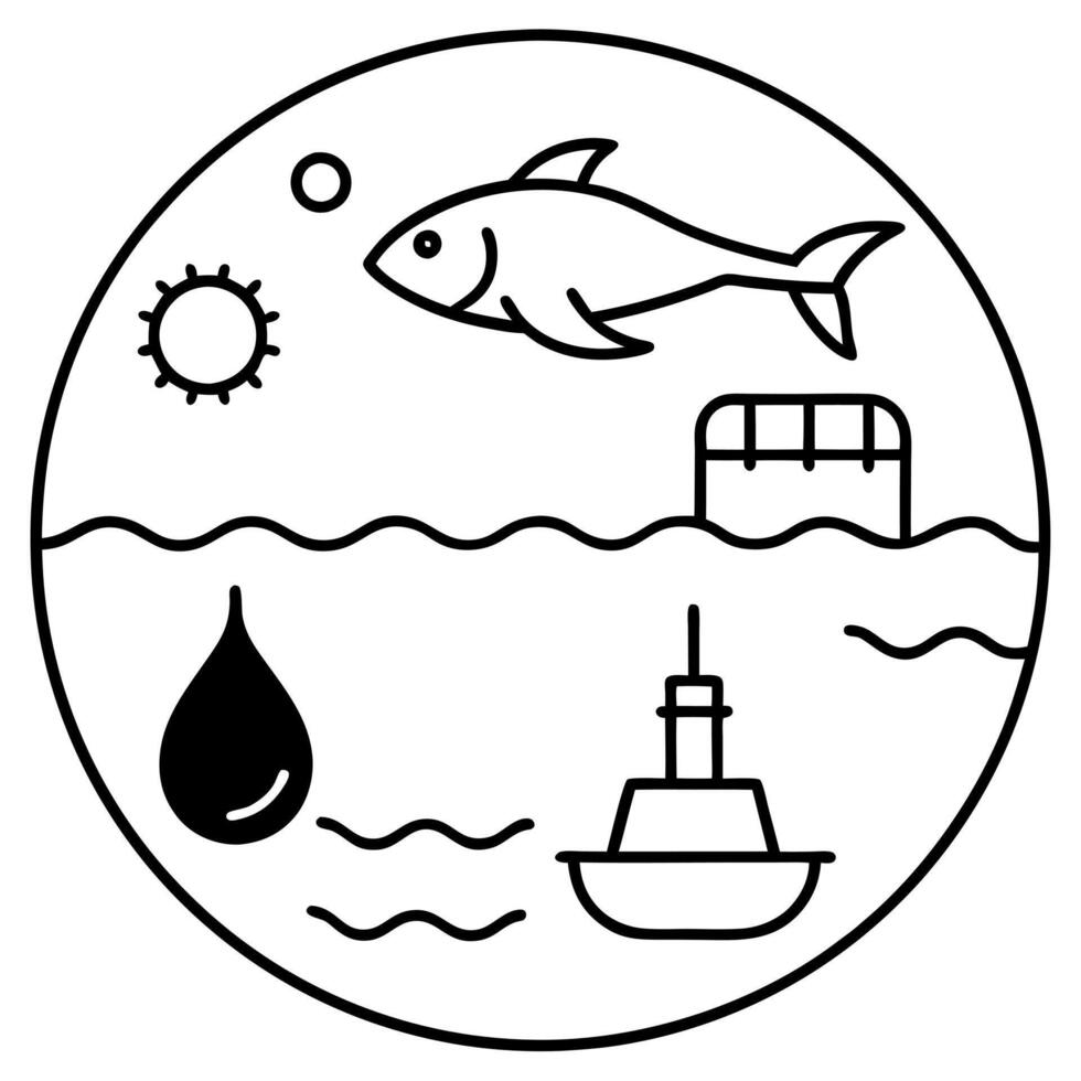 icons of oil spills affecting marine life, fish, and seabirds, illustration line art vector