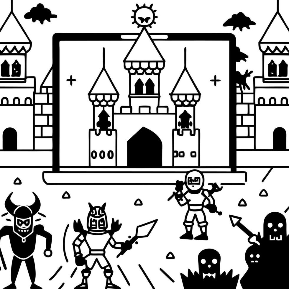 pc game simulation online horror castle attack dark forces warriors battle screen, vector