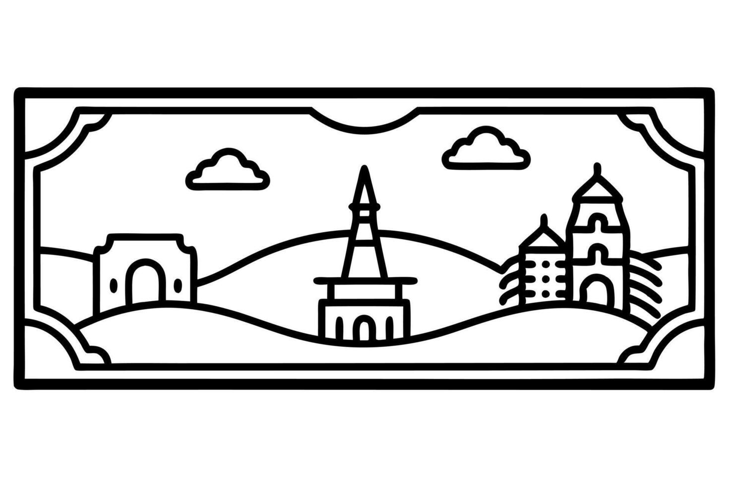 illustrated vintage-style currency note with famous landmarks, illustration line art vector