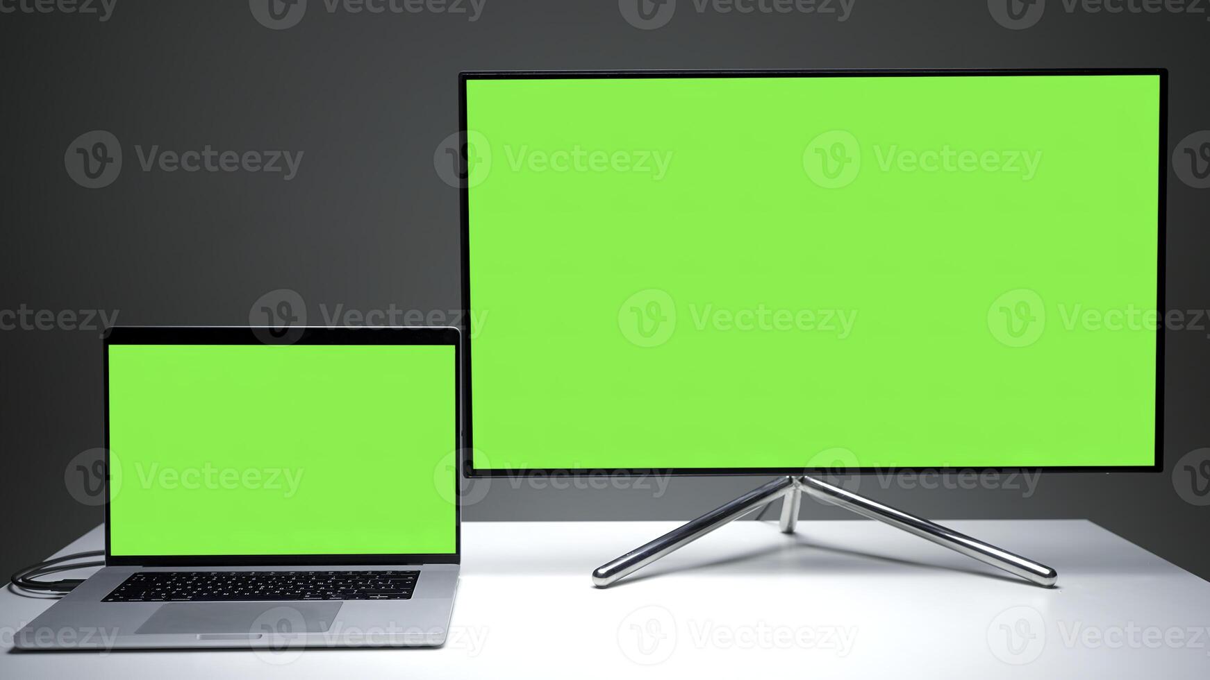 New TV models. Action.A small laptop that is comfortable to use and a large plasma TV with green screens. photo