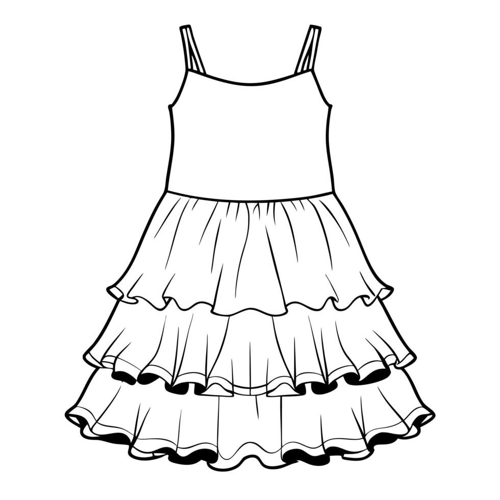 ruffle hem dress design, smooth line, , white background, illustration line art vector