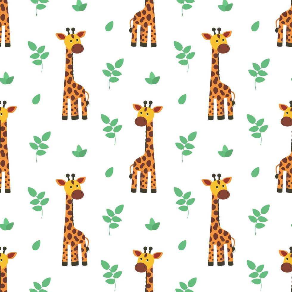 A pattern of giraffes and green leaves on a white background vector