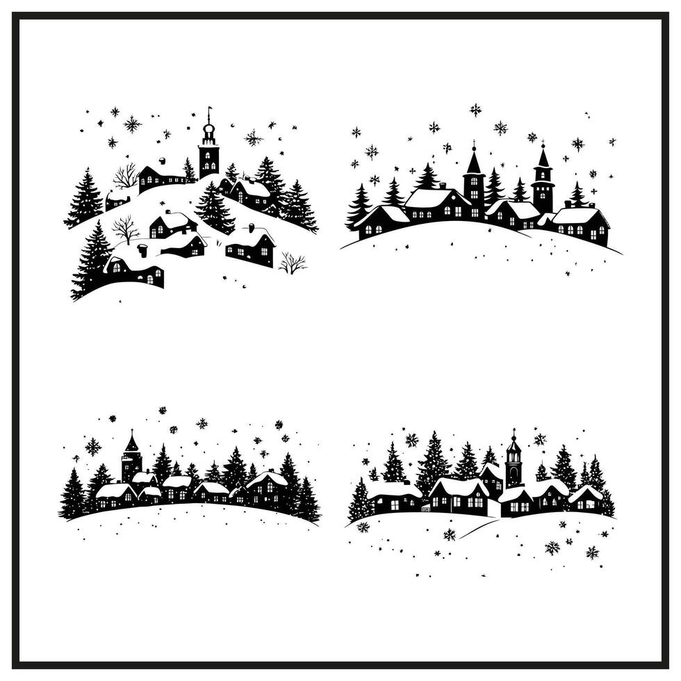 Christmas village with snow-covered rooftops Silhouette vector