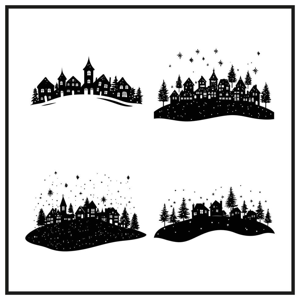 Christmas village with lights silhouette clipart vector