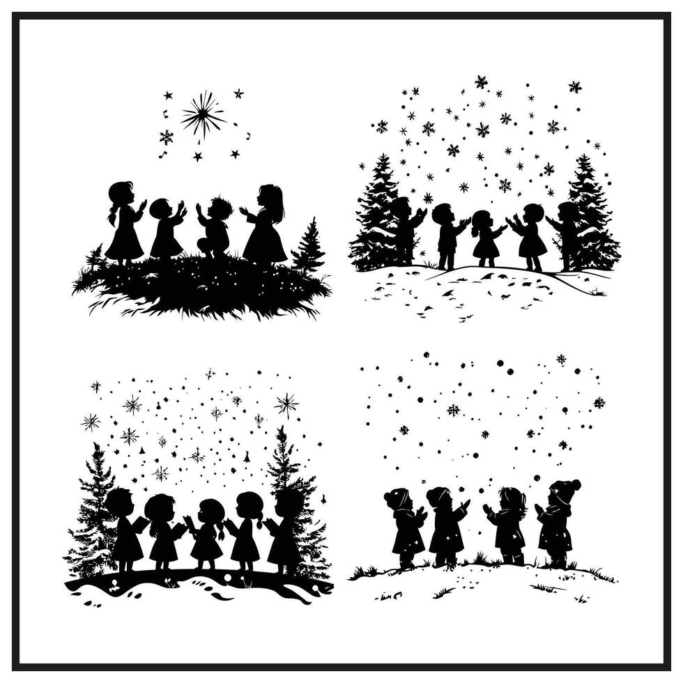 Christmas scene with children singing silhouette vector