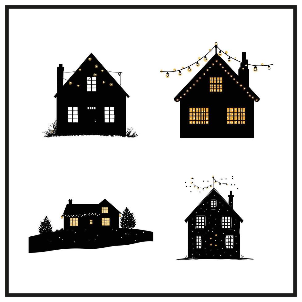 Christmas lights on a house silhouette clipart on a white background vector