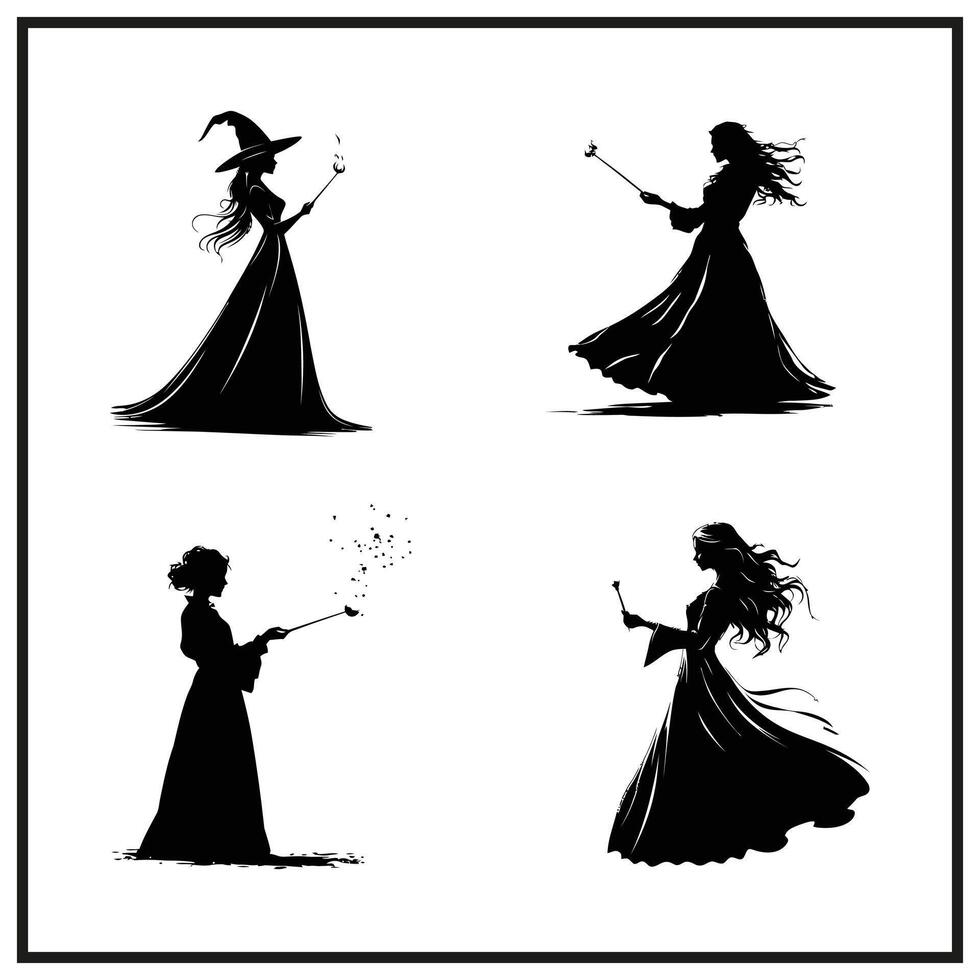 A witch casting a spell with her wand silhouette vector