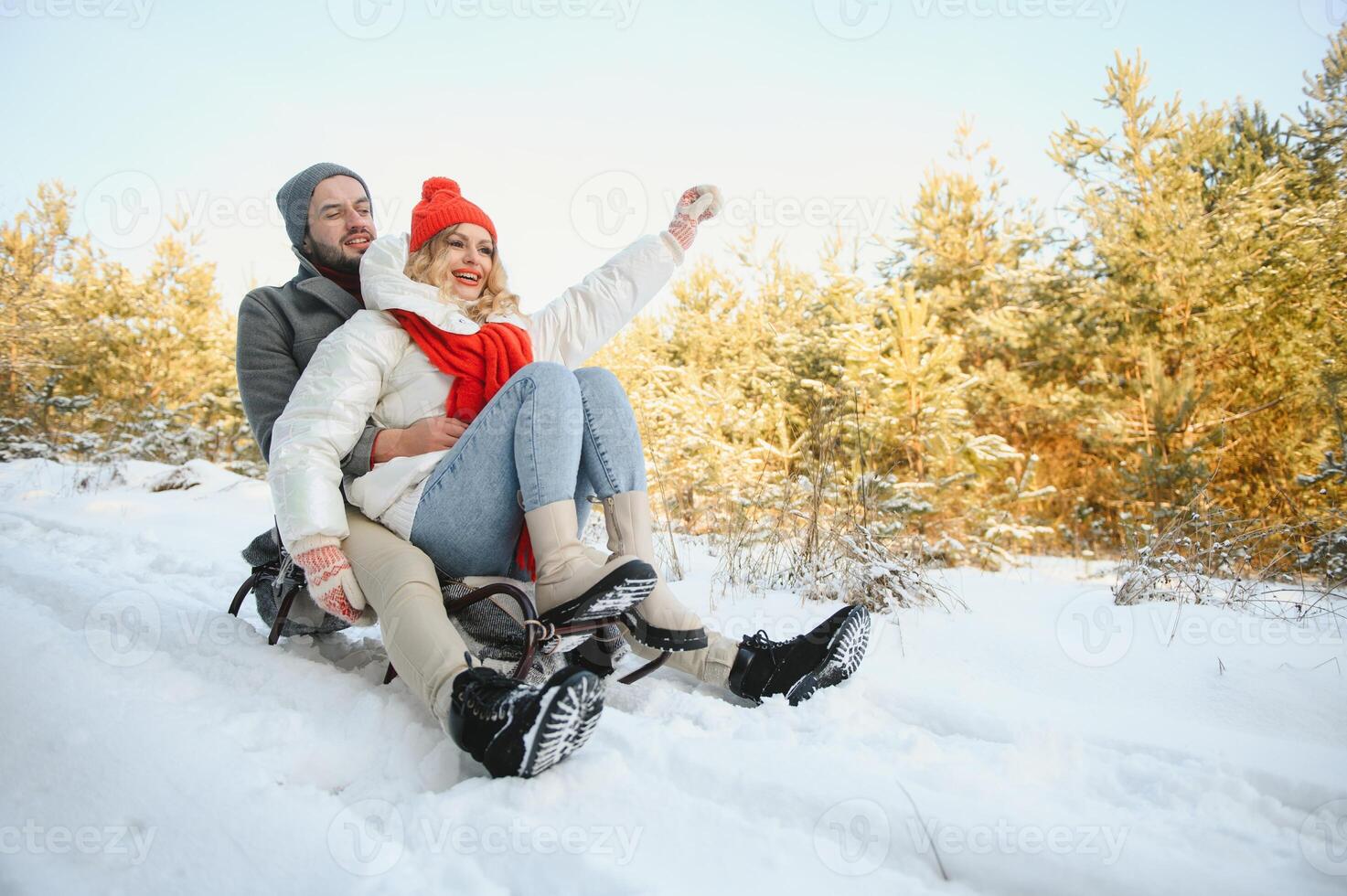 Young happy couple sledding in winter at forest photo