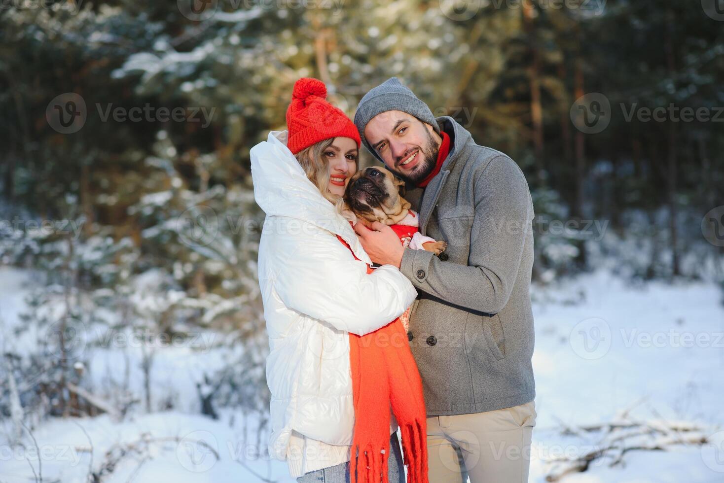 A loving couple walks by the hands on the background of a winter snowy forest. A man is holding a dog. A girl in a white down jacket and a red hat. photo