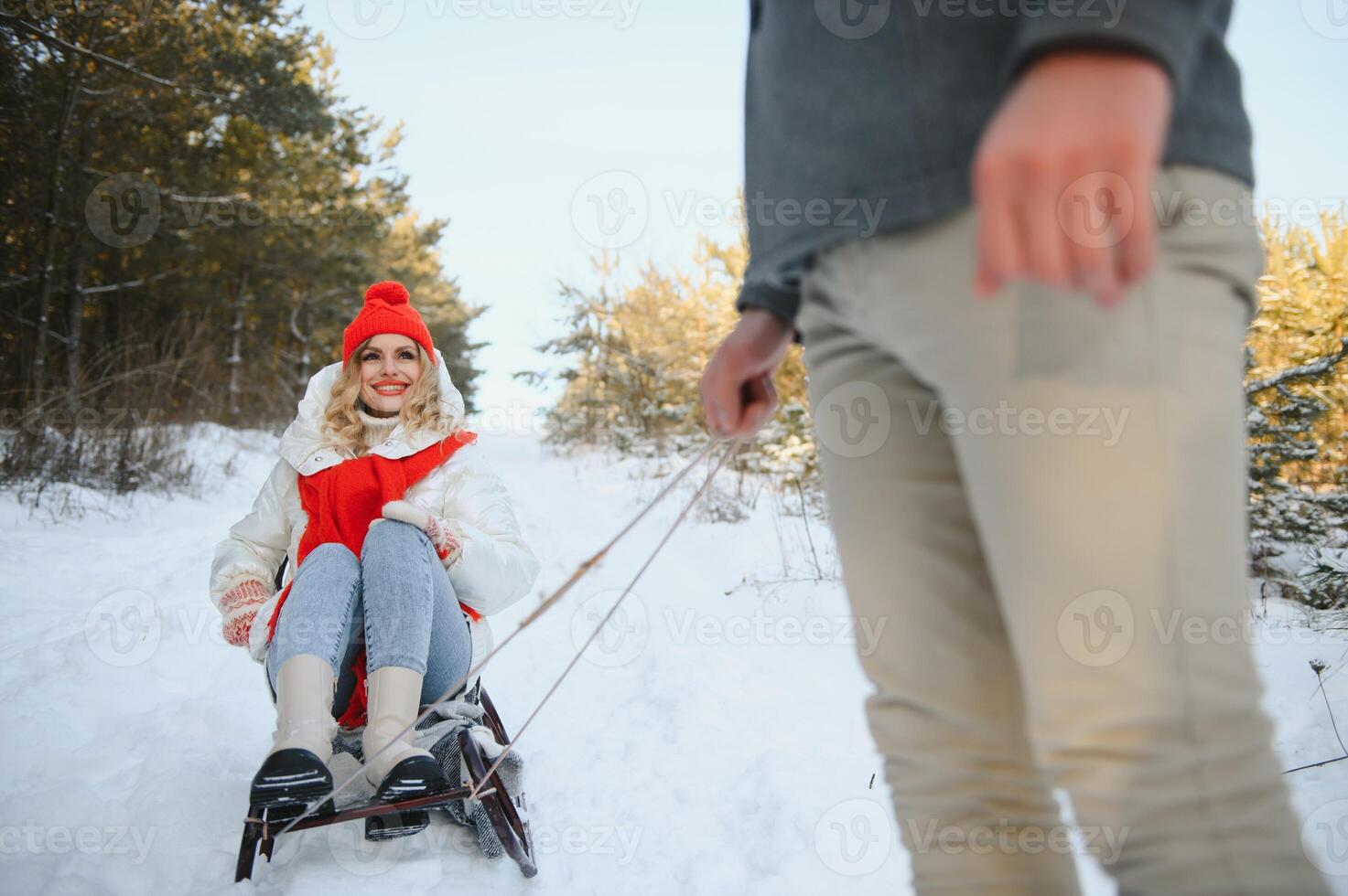 Young happy couple sledding in winter at forest photo