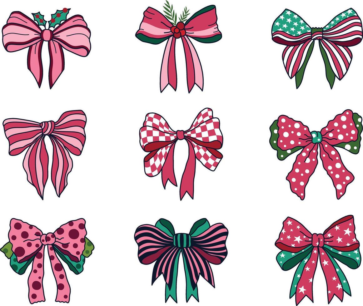 Coquette Christmas Bundle, Handdrawn Christmas Bow Element Illustration, Retro Girly Coquette Style, Bundle included Pokadot, USA Flag, Pink Stipe vector