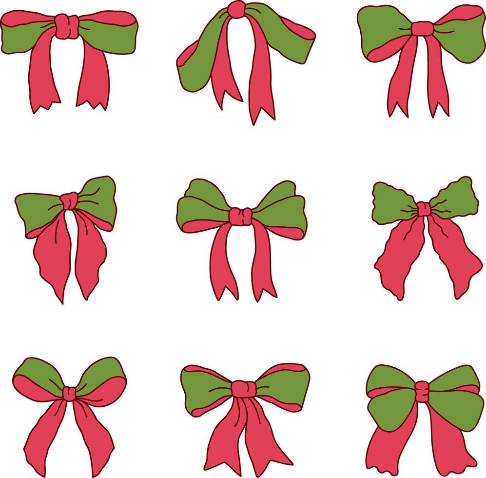 Coquette Christmas Bundle, Bundle of Handdrawn Christmas Bow Element Illustration, Retro Coquette Style vector