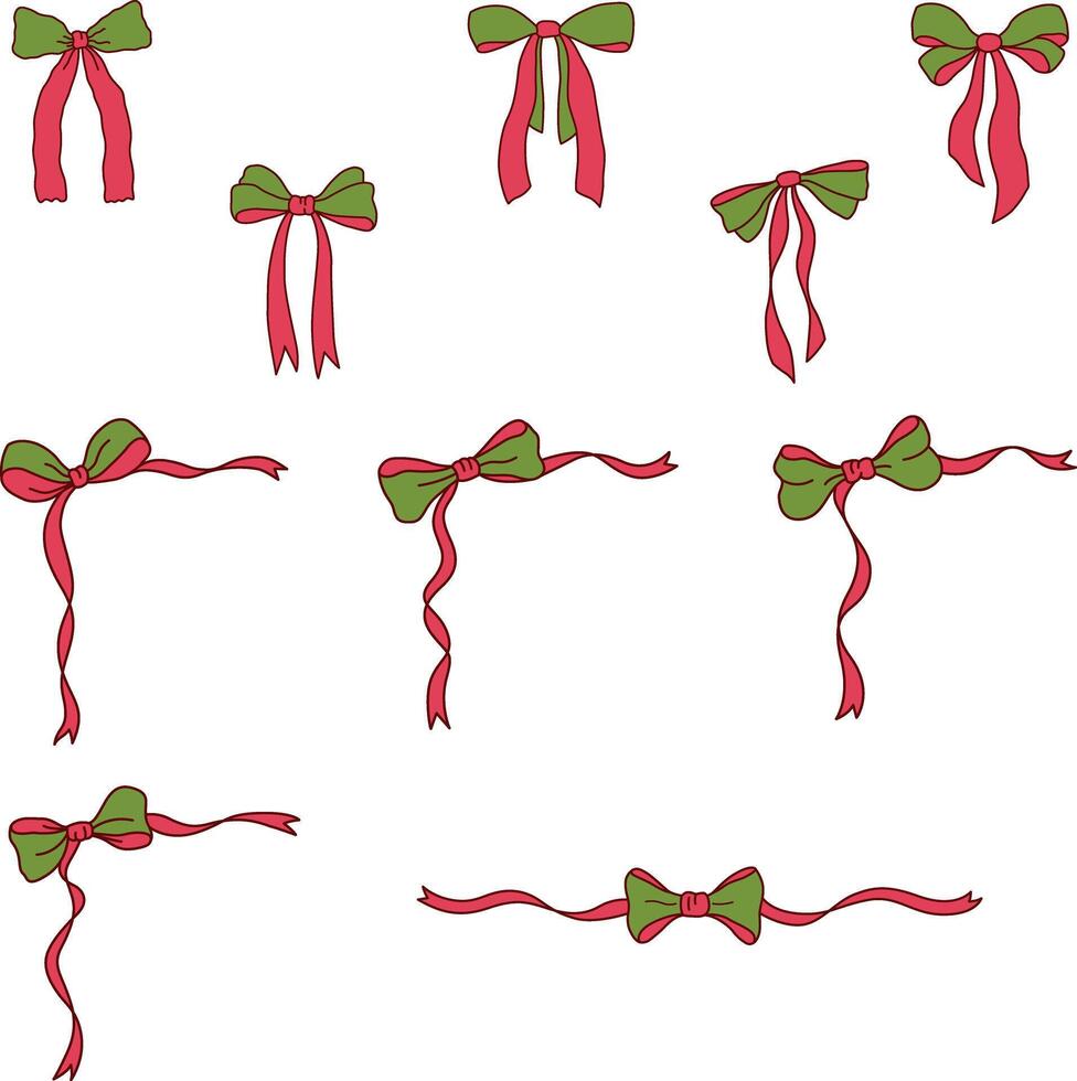 Coquette Christmas Bundle, Bundle of Handdrawn Christmas Bow Element Illustration, Retro Coquette Style, Frame Ribbon, Long Tail Bow vector