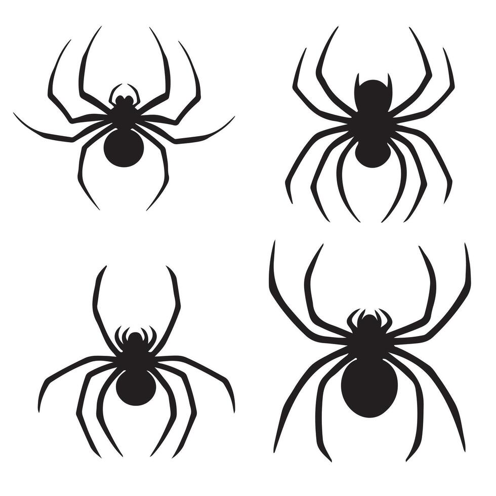 A set of Happy Halloween Spiders in black and white Silhouette icon illustration vector